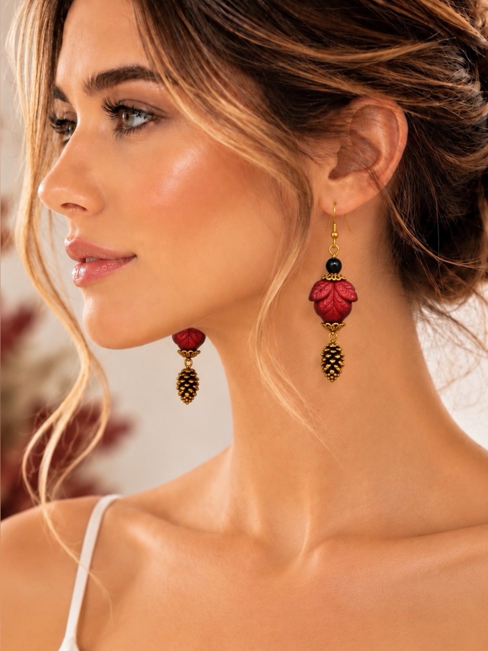 Red Czech Glass Leaf & Golden Pinecone Earrings, Fall Artisan Dangles